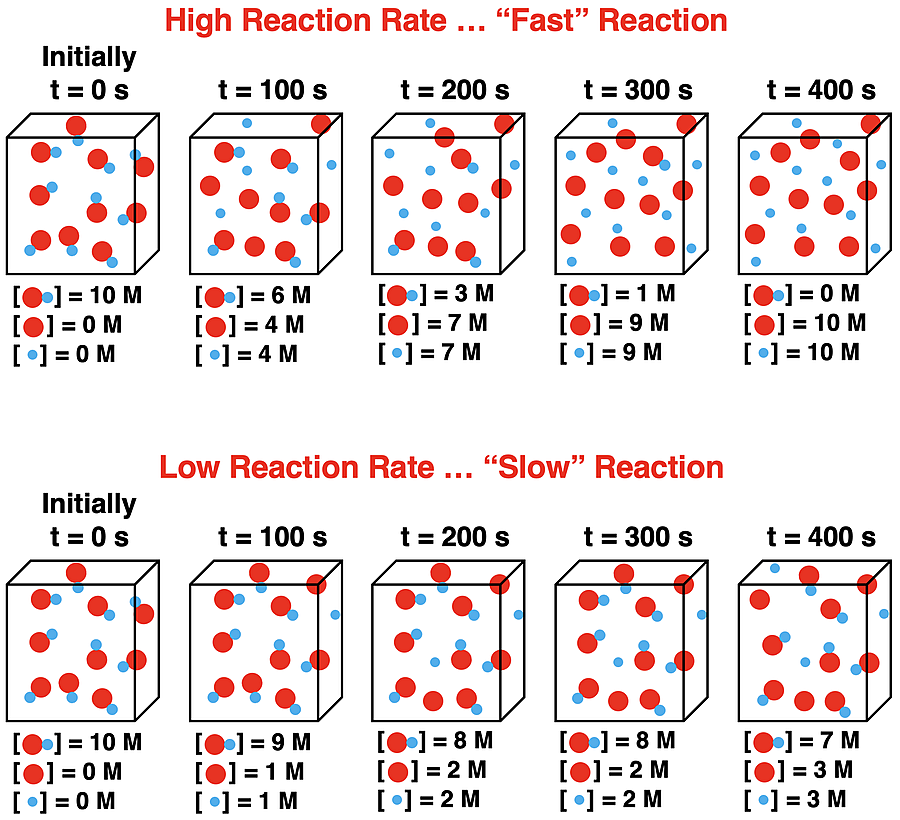 Use of two sets of five particle diagrams at 0.10-second intervals showing relative amount of reactants and products for a fast and a slow reaction.