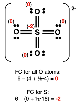 Example problem involving formal charge analysis of a potential Lewis diagrams for sulfate. Includes answers - formal charges of each atom.