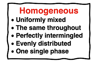 Five descriptors of homogeneous: uniformly mixed, the same throughout, perfectly intermingled, evenly distributed, and one single phase