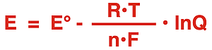 Equation for calculating the cell potential under non-standard conditions.