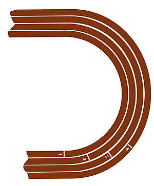 Picture of the right section of a school track, with 4 lanes. Each lane that goes further out has a later starting point, with 4 being the farthest ahead in the starting point.