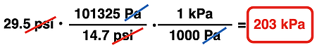 Factor label solution for a 2-step conversion from 29.5 psi to kPa (via Pa); unit cancellation, appropriate numbers, and answer are shown.
