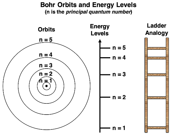Bohr model of hydrogen atom with electron orbits and energy levels for n=1 to 5.