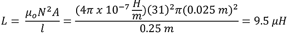 Equation for part 3A. The permeability of air (4 pi times 10 to the negative 7 power) times wraps squared (31 squared) times area (pi times 0.025 meters squared) over length (0.25 meters) equals 9.5 micro henries.