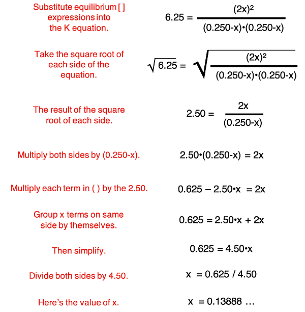 Complete algebraic solution for the value of x using the equilibrium constant equation and the values and expressions from the equilibrium row of an ICE table.