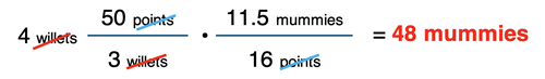 Factor label solution for a two-step conversion between two nonsense units for which equivalence statements are given.