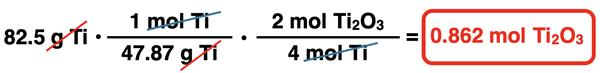 Shows the conversion factor solution - arrangement of factors with numbers, units, unit cancellation, and answer - for converting from grams of a reactant and moles of a product, specific to the Ti2O3 synthesis reaction.