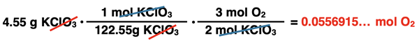 Shows the conversion factor solution - arrangement of factors with numbers, units, unit cancellation, and answer - for converting from grams of a solid reactant (KClO3) to moles of a gaseous reactant (O2), specific to KClO3 decomposition reaction.