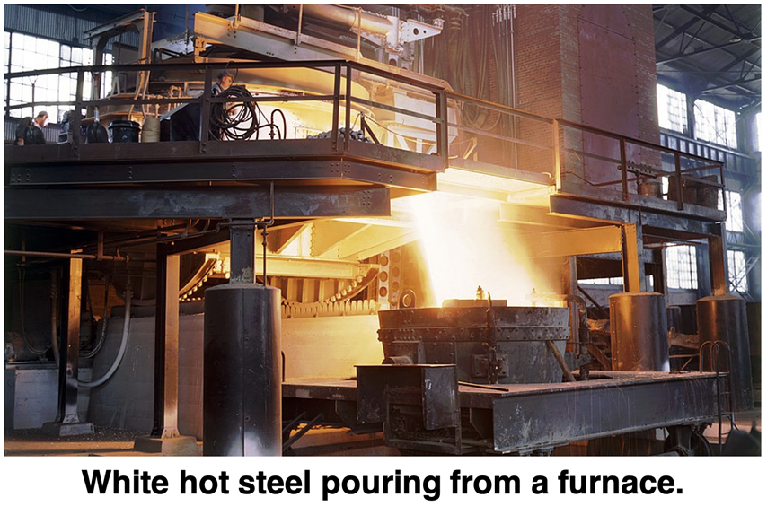 Photo of a steel furnace with hot steel pouring out.