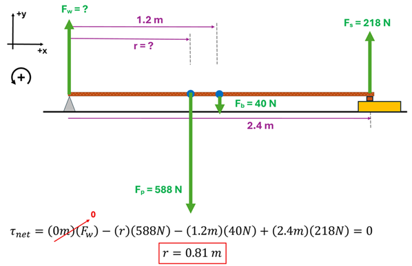 A force diagram is shown for the problem. A picture is shown of a 2.4 meter board with a wedge on the left, and a block on the right.  From left to right, force arrows are drawn.  F sub w (force of wedge) upwards is written with a question mark (unknown).  An unknown r meters from the left is the student's center of mass with a downwards force F sub p equaling 588 newtons.  At 1.2 meters from the wedge is the center of mass for the board providing F sub b = 40 newtons downwards.  Lastly at the end of the meter is the block and scale with a Force F sub s = 218 newtons upwards.  Below this diagram is the equation that if Tau net (Rotational equilibrium) = 0 meters times F sub w (force at wedge which doesn't matter since it's on the pivot and will be 0) minus r times 588 newtons - 1.2 times 40 newtons (the board) plus 2.4 times 218 newtons (scale end).  This should equal 0.  Doing the algebra to isolate r, you get r = 0.81 meters.