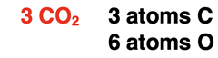 Count of the number of atoms of C and O in the formulae 3 CO2.