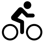 A black and white icon of a person riding a bike