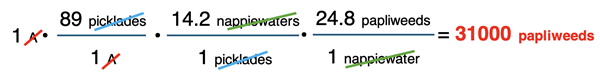 Factor label solution for a three-step conversion between two nonsense units for which equivalence statements are given.