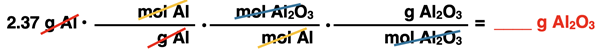 Shows the conversion factor set up with unit cancellation for converting from grams of a reactant to grams of a product, specific to aluminum oxide synthesis reaction.