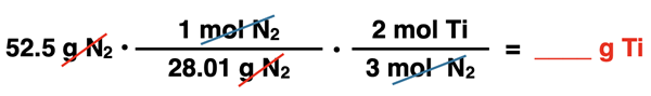 Shows the incorrect conversion factor solution - arrangement of factors with numbers, units, unit cancellation, and answer - for converting from grams of a reactant and moles of a second reactant, specific to Ti3N4 synthesis reaction.