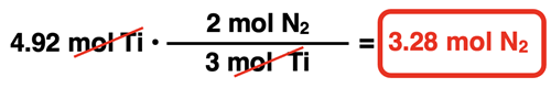 Shows the conversion factor solution - arrangement of factors with numbers, units, unit cancellation, and answer - for converting from moles of a reactant to moles of a second reactant.