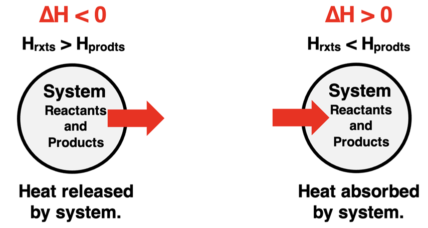 Two contrasting system diagrams - one for an endothermic reaction and the other for an exothermic reaction.