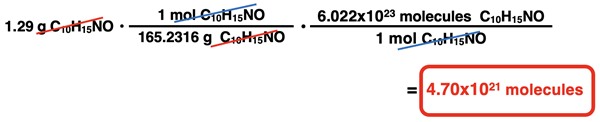 Example problem converting grams to molecules with two conversion factors.