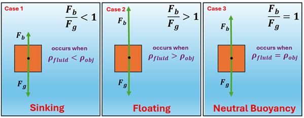 Three cases are shown of an object in a fluid.  In each case, it shows the object with the Force arrows of F sub b pointing up, and F sub g pointing down.  It also compares what the F sub b over F sub g's value compared to 1, and compares the density of the fluid to the density of the object.  For Case 1 (Sinking), the force of gravity is greater than the Buoyant force, so F sub b over F sub g is less than 1, and the density of the fluid is less than the density of the object.  For Case 2 (Floating), the buoyant force is greater, so F sub b over F sub g is greater than 1 and the density of the fluid is greater than the density of the object.  In case 3 (Neutral Buoyancy), both F sub b and F sub g forces are identical, which means the F sub b over F sub g equals 1 and the density of the fluid equals the density of the object.