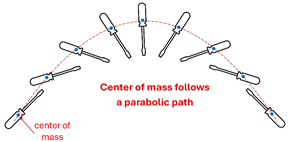 A picture of a screwdriver being thrown with a dot representing the center of mass.  The screwdriver's center of mass is shown following a parabolic path as it flies through the air.