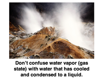 Don’t confuse water vapor (gas state) with water that has cooled and condensed to a liquid. (Picture of water vaporrising from a body of water)