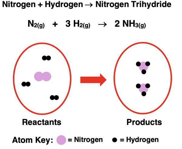 Representation of the ammonia synthesis reaction by particle diagrams, a word equation, and a balanced chemical equation.