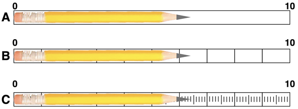 Comparison of three length-measurements and the dependence upon the number of divisions on the ruler.