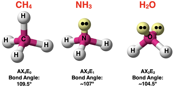 Ball-and-stick spatial models contrasting CH4, NH3, and H2O bond angles.