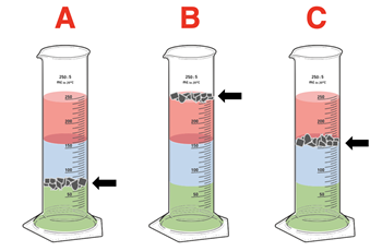 Three density columns, each with a different solid settling at a different interface. Must compare the densities of the three solids.