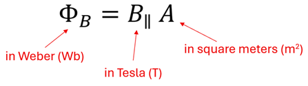 The Equation for magnetic flux is the Flux (Measured in Weber or Wb) equals the Field Strength (in Tesla or T) times the Area (in square meters).