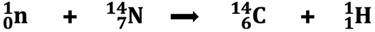 A balanced nuclear equation describing the production of the carbon-14 radioisotope in our upper atmosphere.