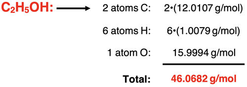 Example molar mass calculation for C2H5OH.