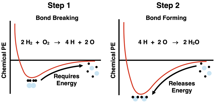 Two potential energy well diagrams used to contrast the bond breaking and bond forming steps for the synthesis of water from its elements.