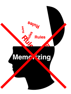 Graphic discouraging students from memorizing rules for solving every type of stoichiometry problem and instead relying on factor label method.