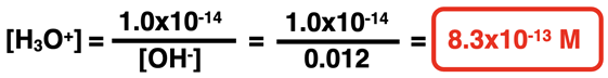 Solution to example problem, calculating hydronium ion concentration from hydroxide ion concentration.