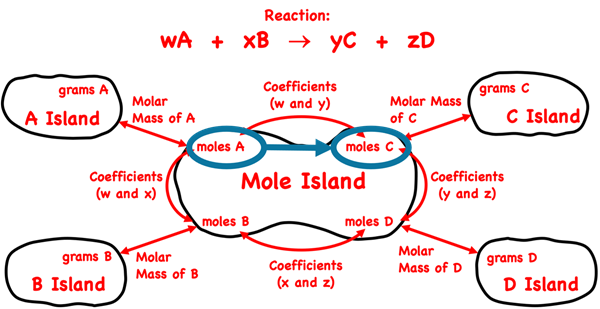 Demonstration of how to use the mole island graphic organizer to plot a conversion pathway between moles of a reactant and moles of a product; shows the conversion information used in each conversion step.