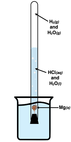Apparatus for a lab - inverted eudiometer tube for collecting H2 gas from reaction of Mg with aqueous HCl.