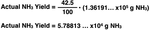 Example calculation of actual yield based on known percent yield and theoretical yield values.