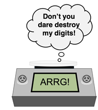 Cartoon: an angry scale balance exclaiming “Don’t you dare discard my digits.”