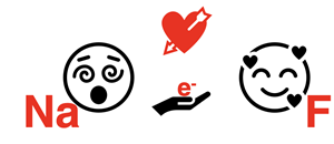 Cartoon: Sodium atom offering an electron to love-struck fluorine atom.