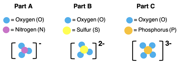 Particle diagrams for three polyatomic ions.