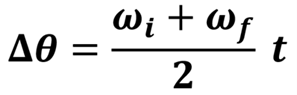 The equation for change in angular velocity given initial and final angular velocity and time.  Delta Theta (Change in angular distance) equals the sum of Omega sub i (angular velocity initial) plus Omega sub f (angular velocity final) over 2 multiplied by t (time).