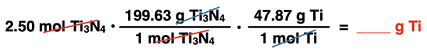 Shows the incorrect conversion factor solution - arrangement of factors with numbers, units, unit cancellation, and answer - for converting from moles of a product and mass of a reactant, specific to Ti3N4 synthesis reaction.