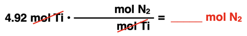 Shows the conversion factor set up with unit cancellation for converting from moles of a reactant to moles of a second reactant.