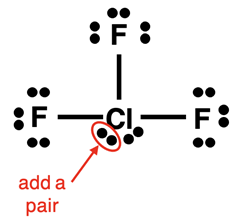 Lewis electron dot diagram for ClF3 showing the 10 valence electrons on the central atom.
