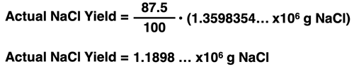 Example calculation of actual yield based on known percent yield and theoretical yield values.