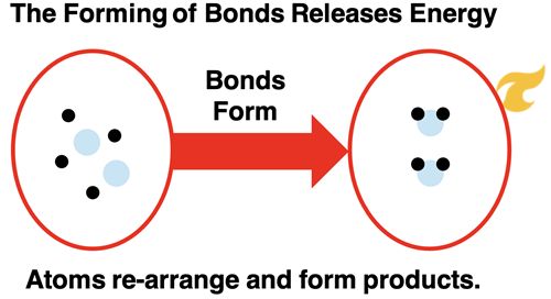 Bond forming steps in chemical reactions release energy and result in atom rearrangement and new products.