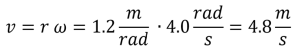 Angular Velocity equation for this problem. Nu (angular velocity) = radius time omega (displacement) = 1.2 meters per rad times 4 rads per second = 4.8 meters per second.