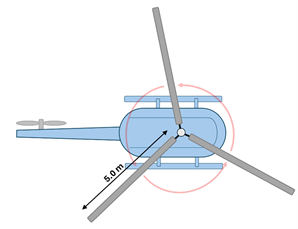 An illustration of a helicopter with 3 wings that are 5 meters long, rotating counter clockwise as shown from above.