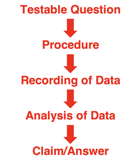 Listing describing the scientific process: develop a question, design an experiment, collect data to answer the question, analyze the data, make a claim that answers the question.